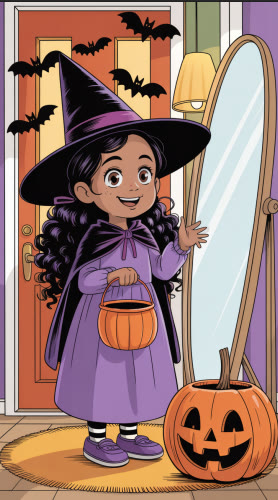 Maya in her purple witch costume with a pumpkin basket, from the sample eBook